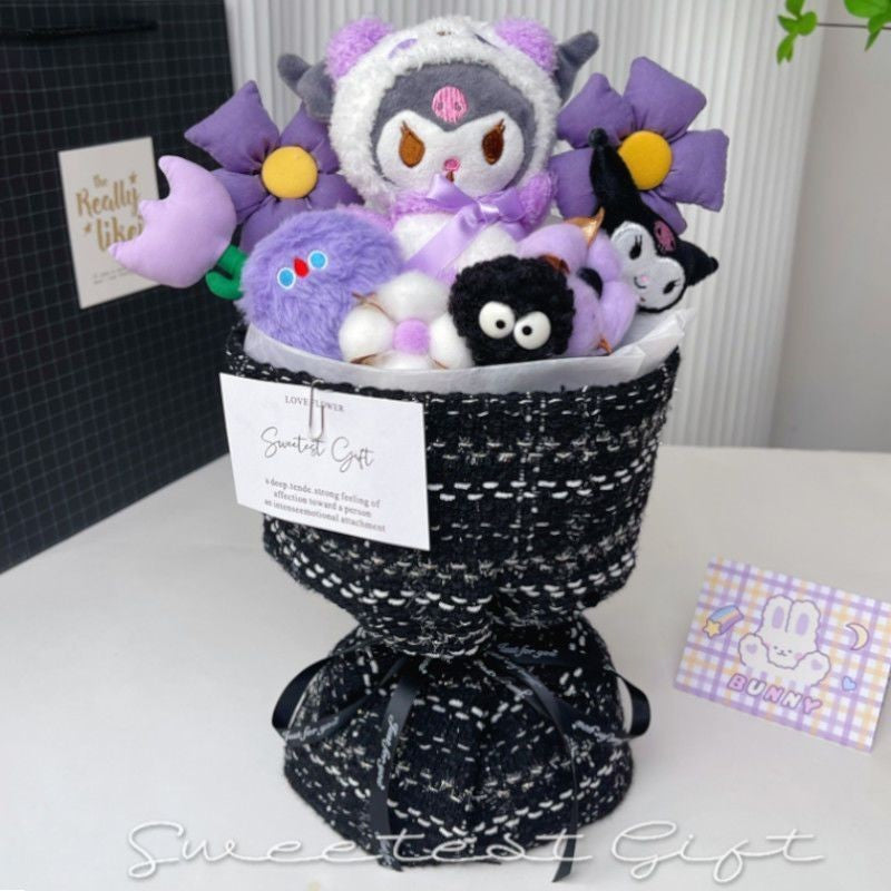 Cute Sanrio Kuromi Bouquet Set Doll Plush Birthday Gift with Bag & Light Anniversary Party Surprise