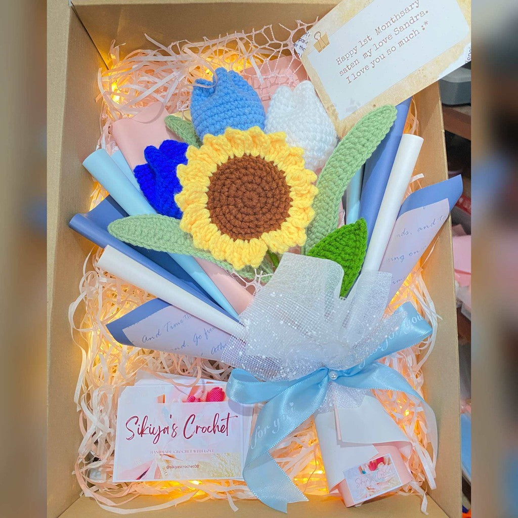 Sunflower and 3 pcs Tulips Crochet Flower Bouquet for Gift Birthday Anniversary Valentine Surprise