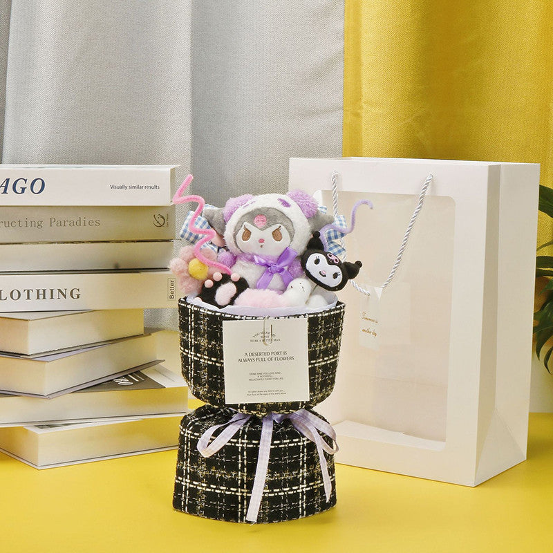 Cute Sanrio Kuromi Bouquet Set Doll Plush Birthday Gift with Bag & Light Anniversary Party Surprise