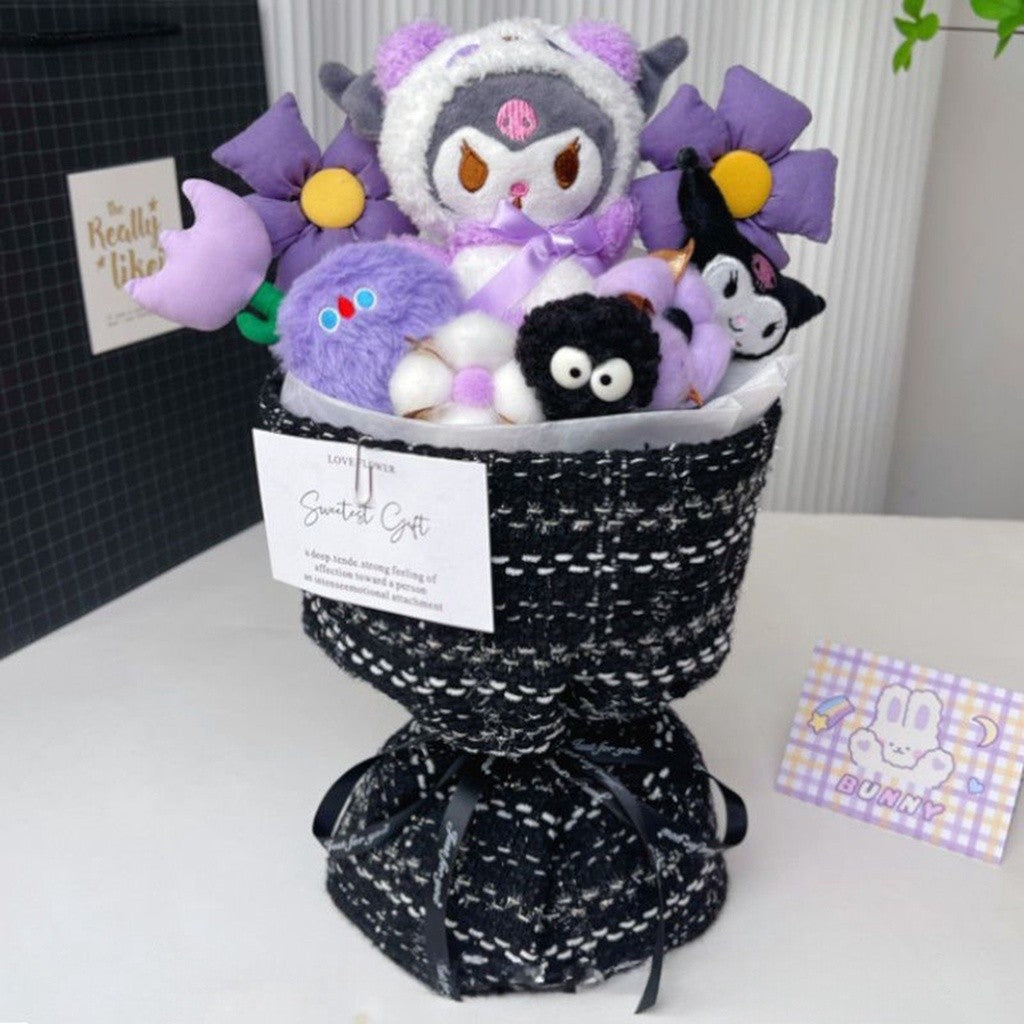 Cute Sanrio Kuromi Bouquet Set Doll Plush Birthday Gift with Bag & Light Anniversary Party Surprise