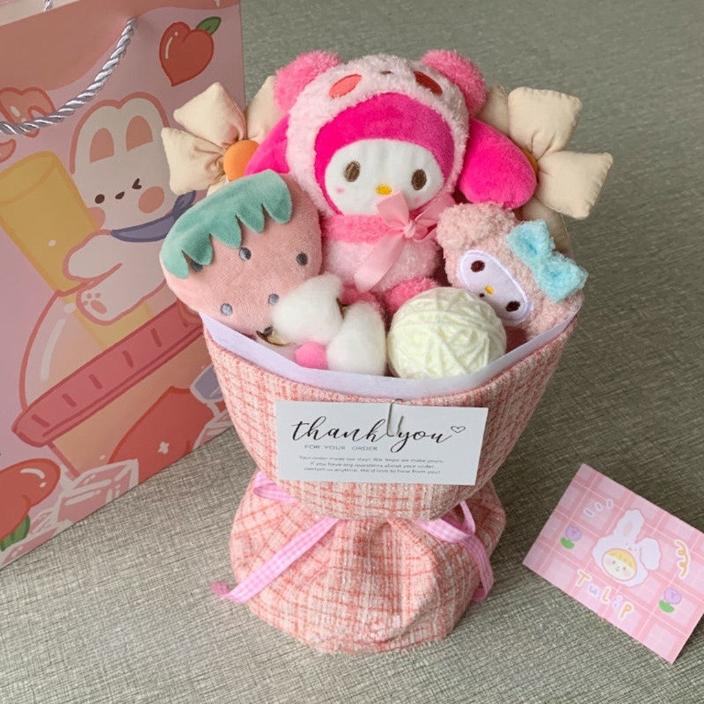 Cute Sanrio Kuromi Bouquet Set Doll Plush Birthday Gift with Bag & Light Anniversary Party Surprise