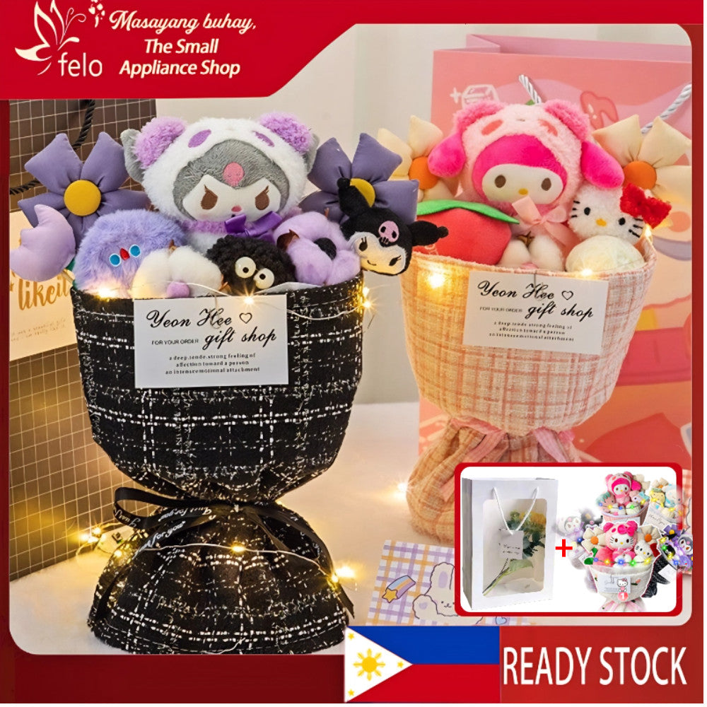 Cute Sanrio Kuromi Bouquet Set Doll Plush Birthday Gift with Bag & Light Anniversary Party Surprise
