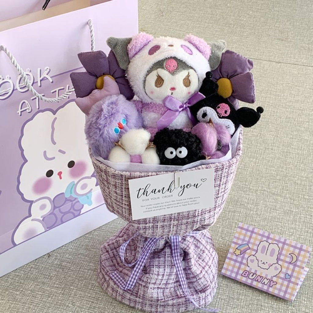 Cute Sanrio Kuromi Bouquet Set Doll Plush Birthday Gift with Bag & Light Anniversary Party Surprise